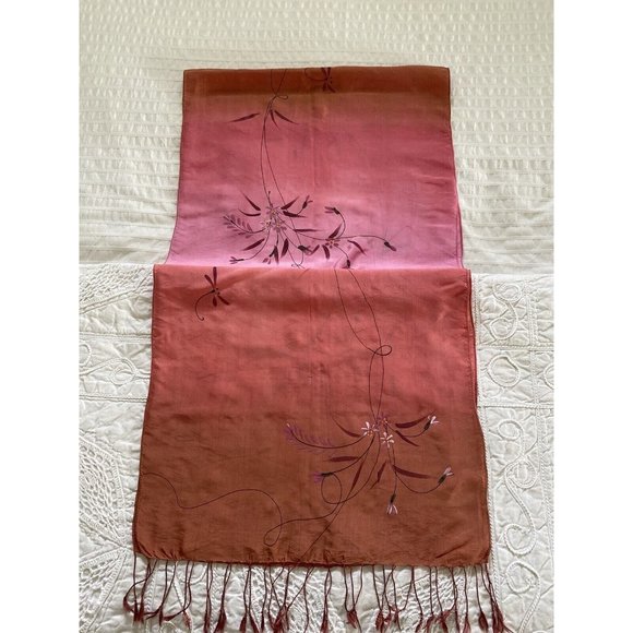 100% Silk Hand Painted Rectangular Scarf Dragonfly Design 16" X 60" Ombre Pink - Picture 3 of 16